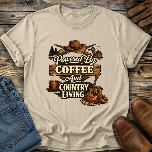 beige tshirt with country western style graphic design that says powered by coffee and country living