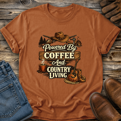 orange tshirt with country western style graphic design that says powered by coffee and country living