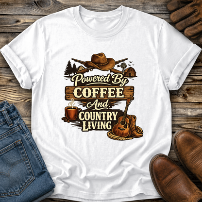 white tshirt with country western style graphic design that says powered by coffee and country living