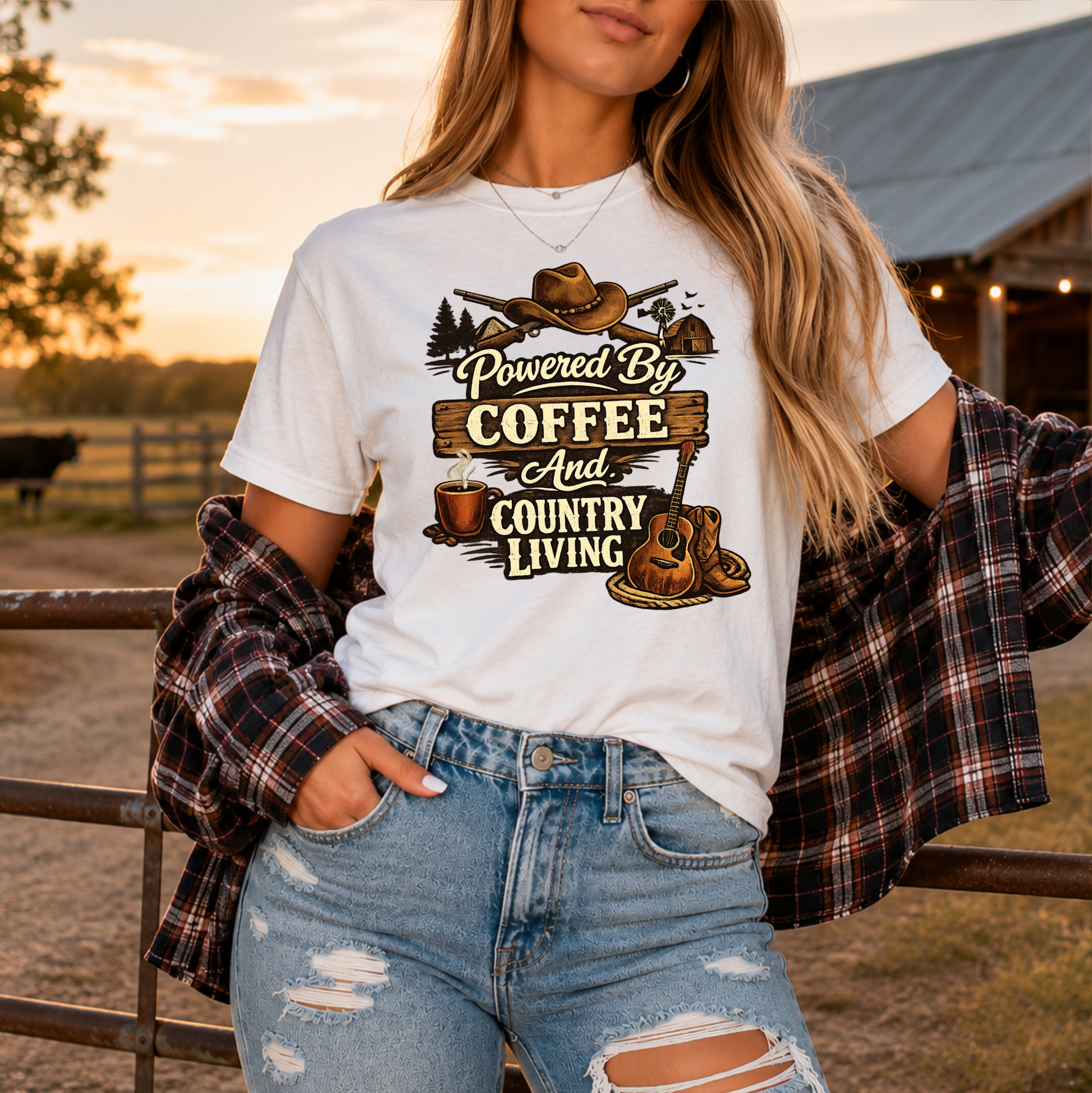 woman wearing a white tshirt with country western style graphic design that says powered by coffee and country living