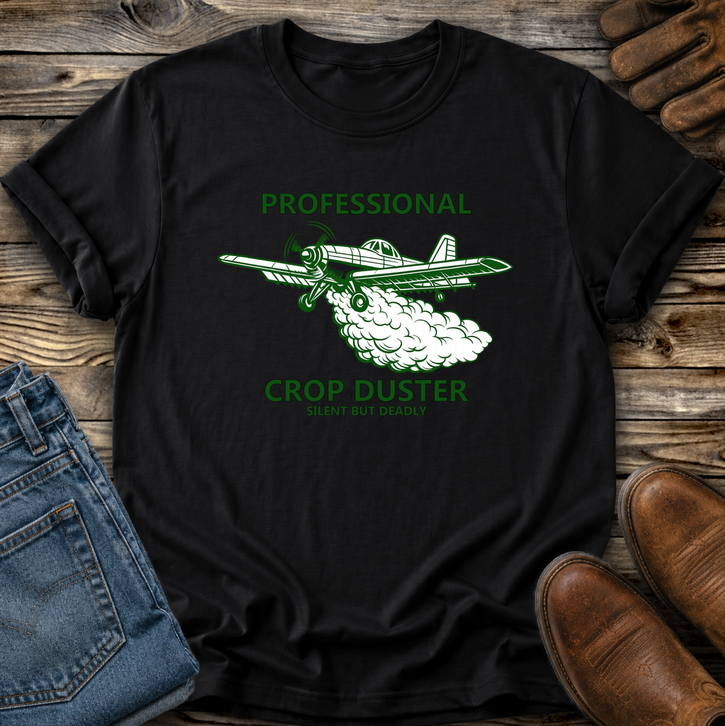 black tshirt with professional crop duster graphic on it