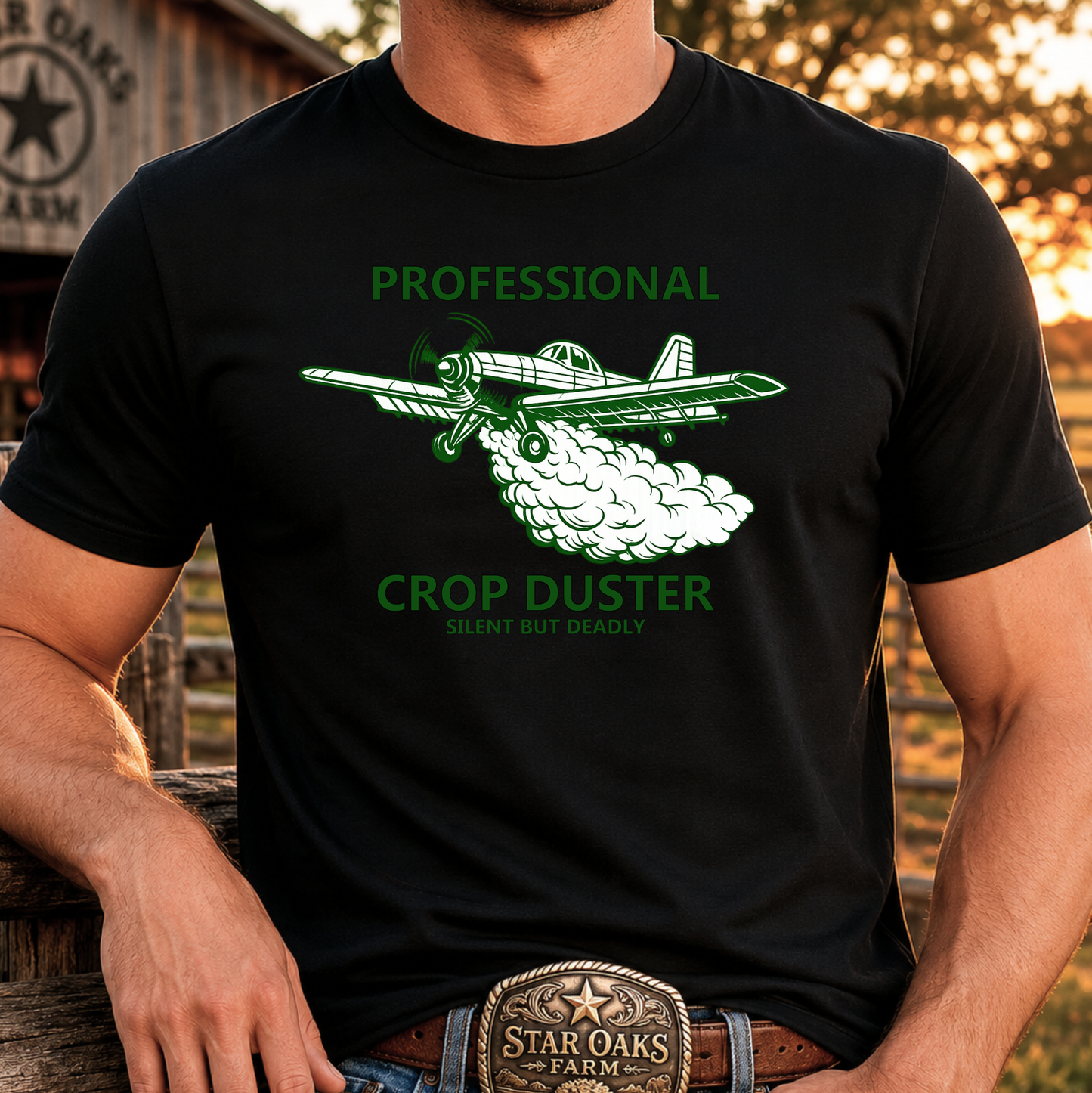 man wearing a black tshirt with professional crop duster graphic on it
