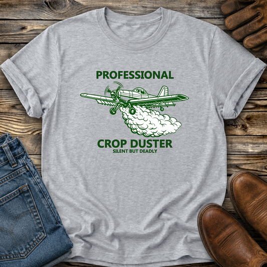 gray tshirt with professional crop duster graphic on it