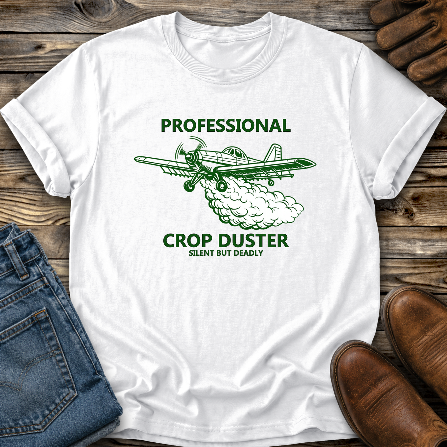 white tshirt with professional crop duster graphic on it