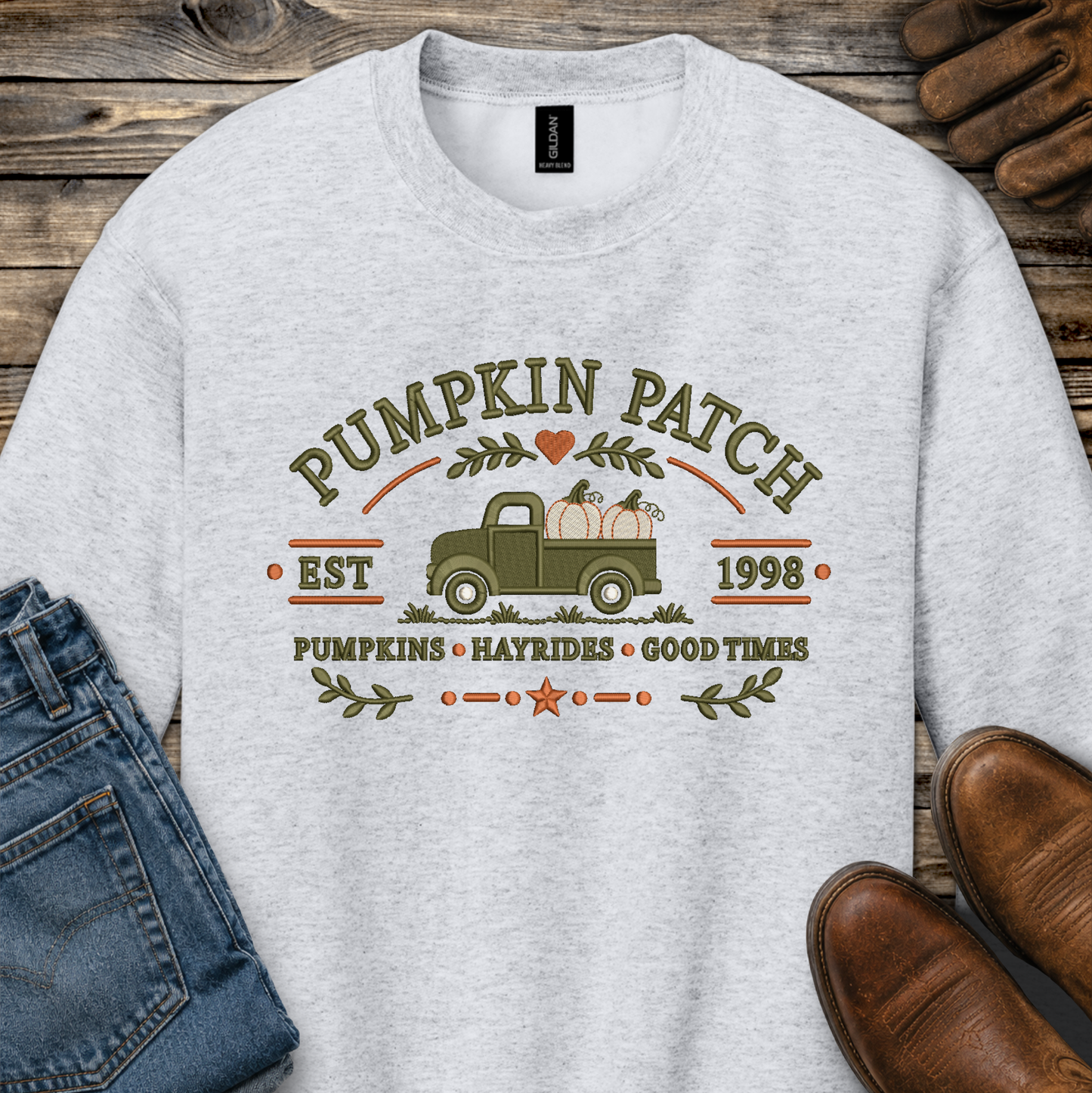 Pumpkin Patch Truck Embroidered Adult Sweatshirt