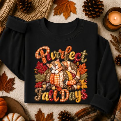 A black long-sleeve sweatshirt laid flat with rolled cuffs, featuring a colorful autumn graphic that reads 'Purrfect Fall Days' around a sleeping cat curled up in a pumpkin. The sweatshirt is styled with fall leaves, pinecones, a candle, and burlap in a cozy flat-lay arrangement.