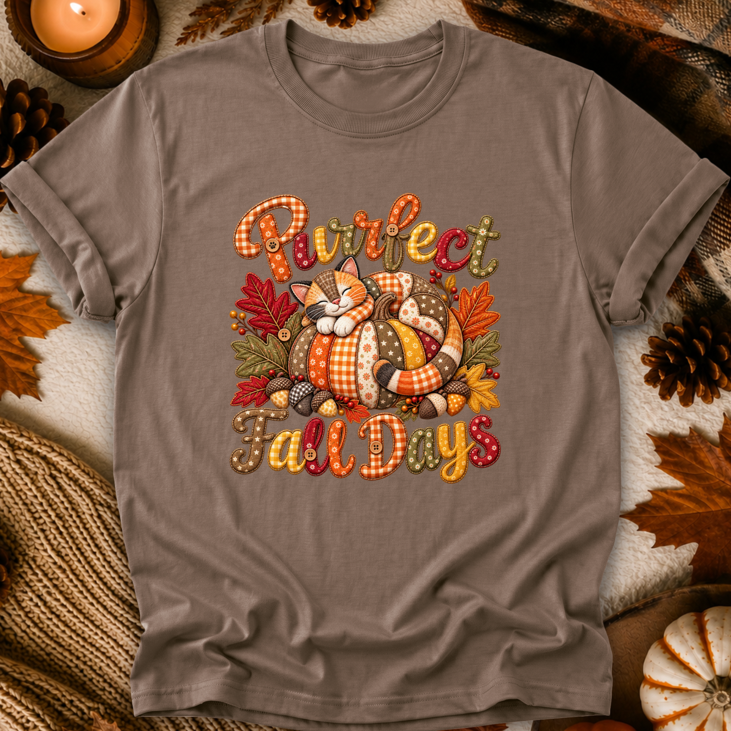 A taupe gray short-sleeve t-shirt with a 'Purrfect Fall Days' graphic featuring a sleeping orange and white cat in a plaid pumpkin, surrounded by autumn leaves and pinecones, styled in a cozy flat-lay with fall props.