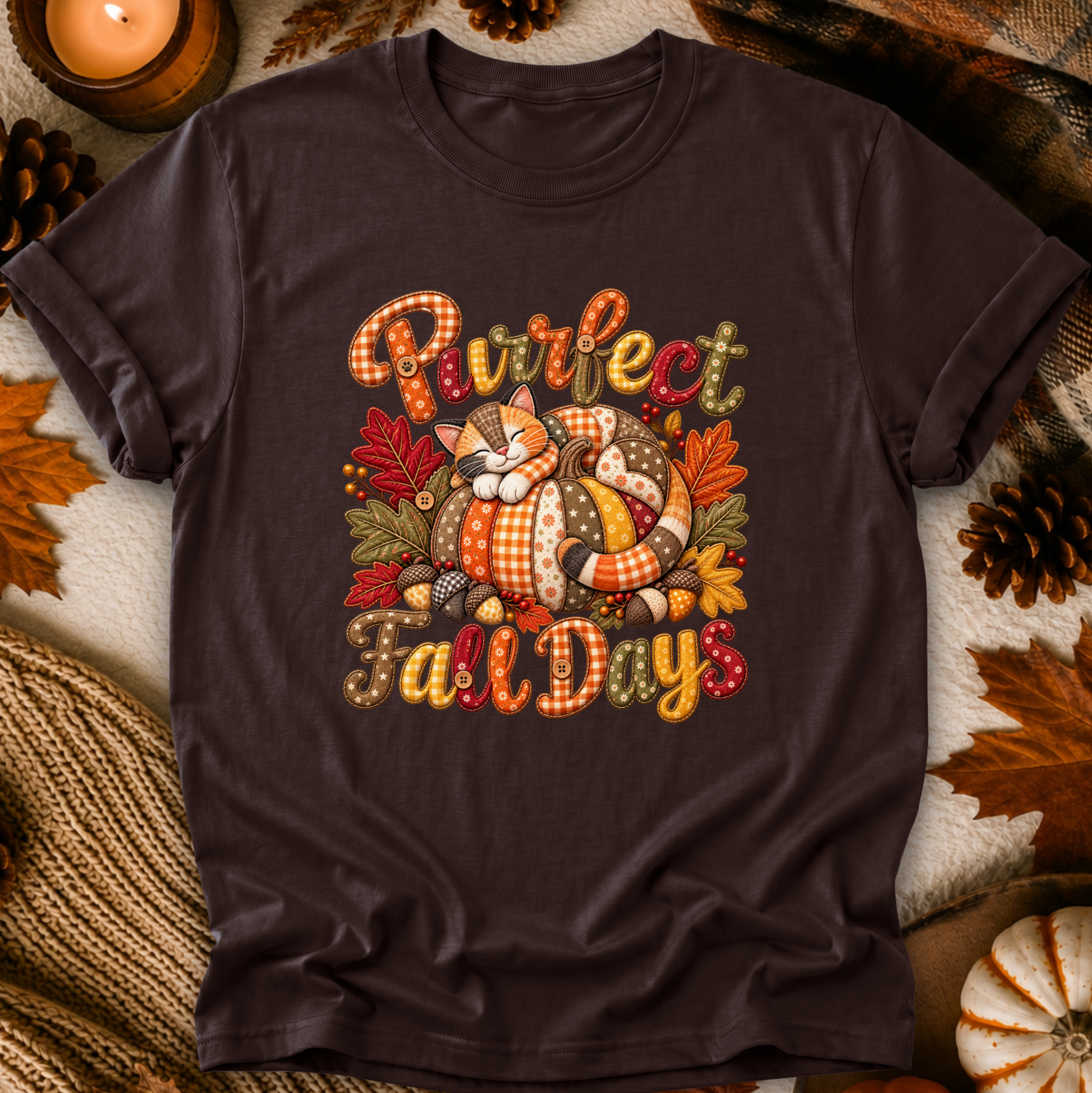 A dark brown short-sleeve t-shirt with a colorful graphic of a sleeping cat in a pumpkin, surrounded by autumn leaves and the text 'Purrfect Fall Day'. The shirt is displayed in a flat-lay arrangement with fall-themed props like pinecones, a candle, and a knit blanket.