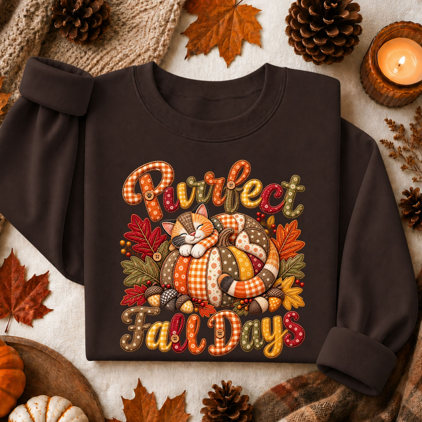 A dark brown crewneck sweatshirt laid flat with autumn-themed props. The sweatshirt features a colorful graphic of a sleeping cat curled up in a pumpkin, surrounded by fall leaves, acorns, and the text 'Purrrfect Fall Days' in a playful, patterned font.