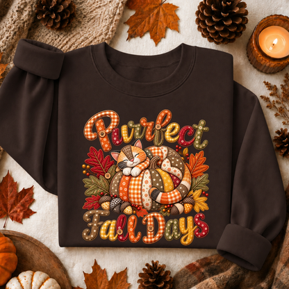 A dark brown crewneck sweatshirt laid flat with autumn-themed props. The sweatshirt features a colorful graphic of a sleeping cat curled up in a pumpkin, surrounded by fall leaves, acorns, and the text 'Purrrfect Fall Days' in a playful, patterned font.