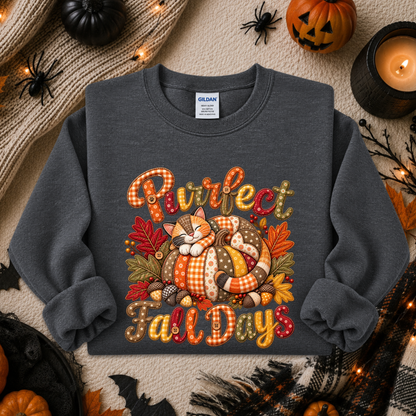 A dark gray crewneck sweatshirt with a colorful 'Purrfect Fall Days' graphic featuring a sleeping cat, pumpkins, and autumn leaves. The sweatshirt is displayed in a flat-lay Halloween setting with a knitted blanket, candles, and small pumpkins.