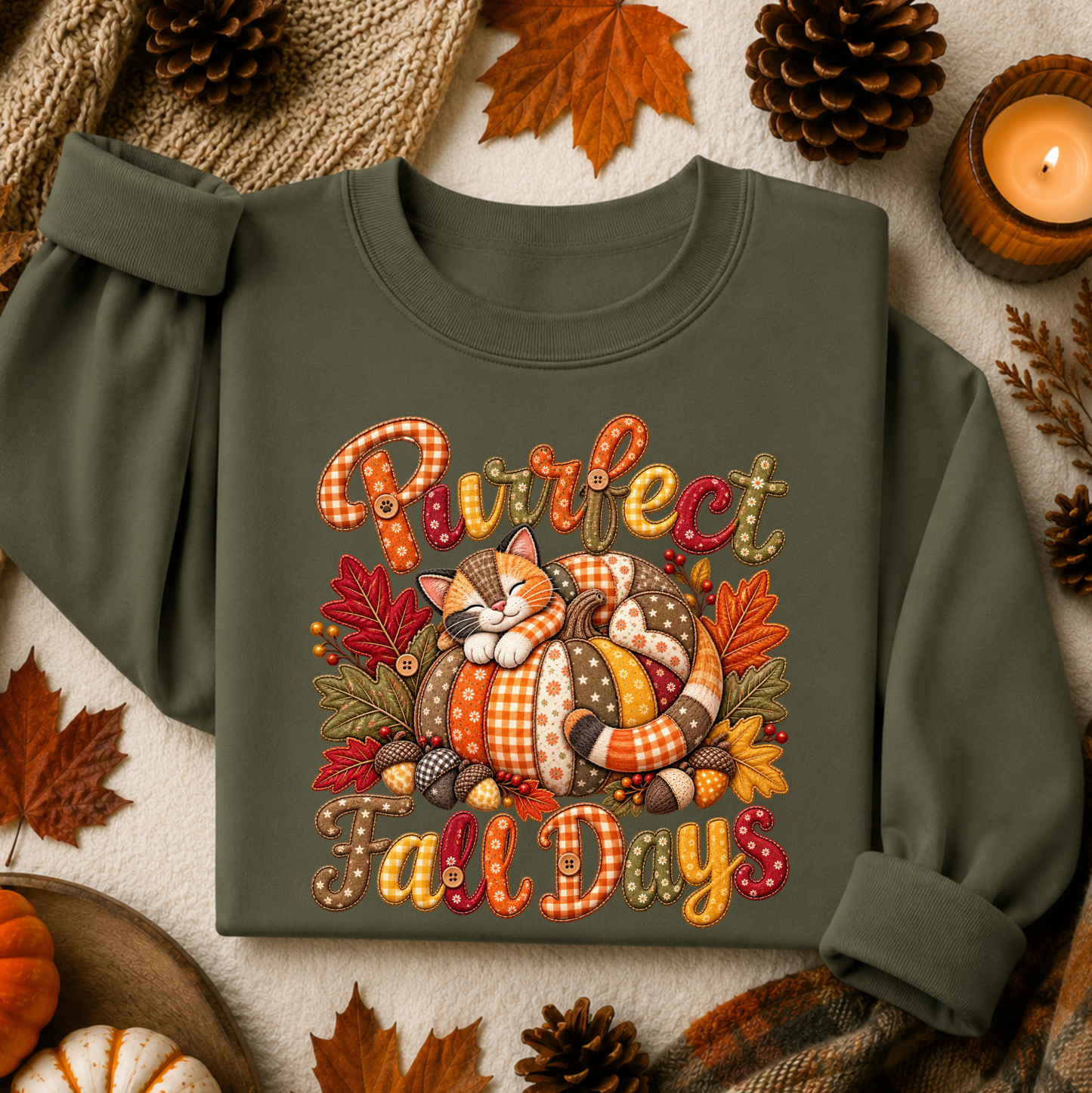 An olive green long-sleeve sweatshirt laid flat on a textured cream fabric, surrounded by autumn props including pinecones, fall leaves, a small pumpkin, and a lit candle. The front graphic reads 'Purrfect Fall Days' with a sleeping cat curled up inside a pumpkin, decorated with orange, red, yellow, and brown plaid and checkered patterns.