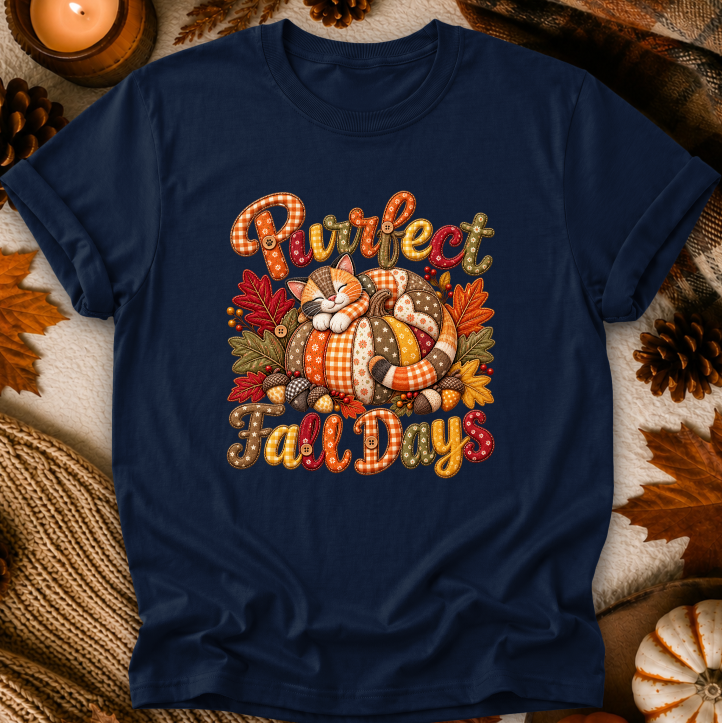 A navy blue short-sleeve t-shirt with a cozy autumn graphic reading 'Purrfect Fall Day' featuring a sleeping cat in a pumpkin, surrounded by fall leaves and pinecones, styled in a flat-lay with seasonal props.