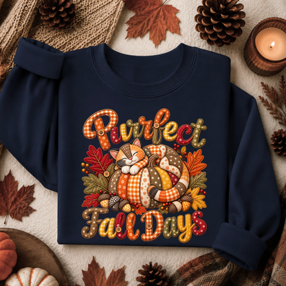 A navy blue sweatshirt laid flat on a cozy autumn-themed background with pinecones, leaves, and a candle. The sweatshirt features a colorful graphic of a sleeping cat curled up in a pumpkin with the words 'Purrfect Fall Days' in a decorative autumn font.