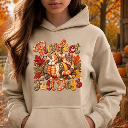 A woman wearing a beige pullover hoodie with a colorful graphic that reads 'Purrfect Fall Days' around an illustrated fox and autumn leaves. The background shows an outdoor fall scene with pumpkins and autumn foliage.