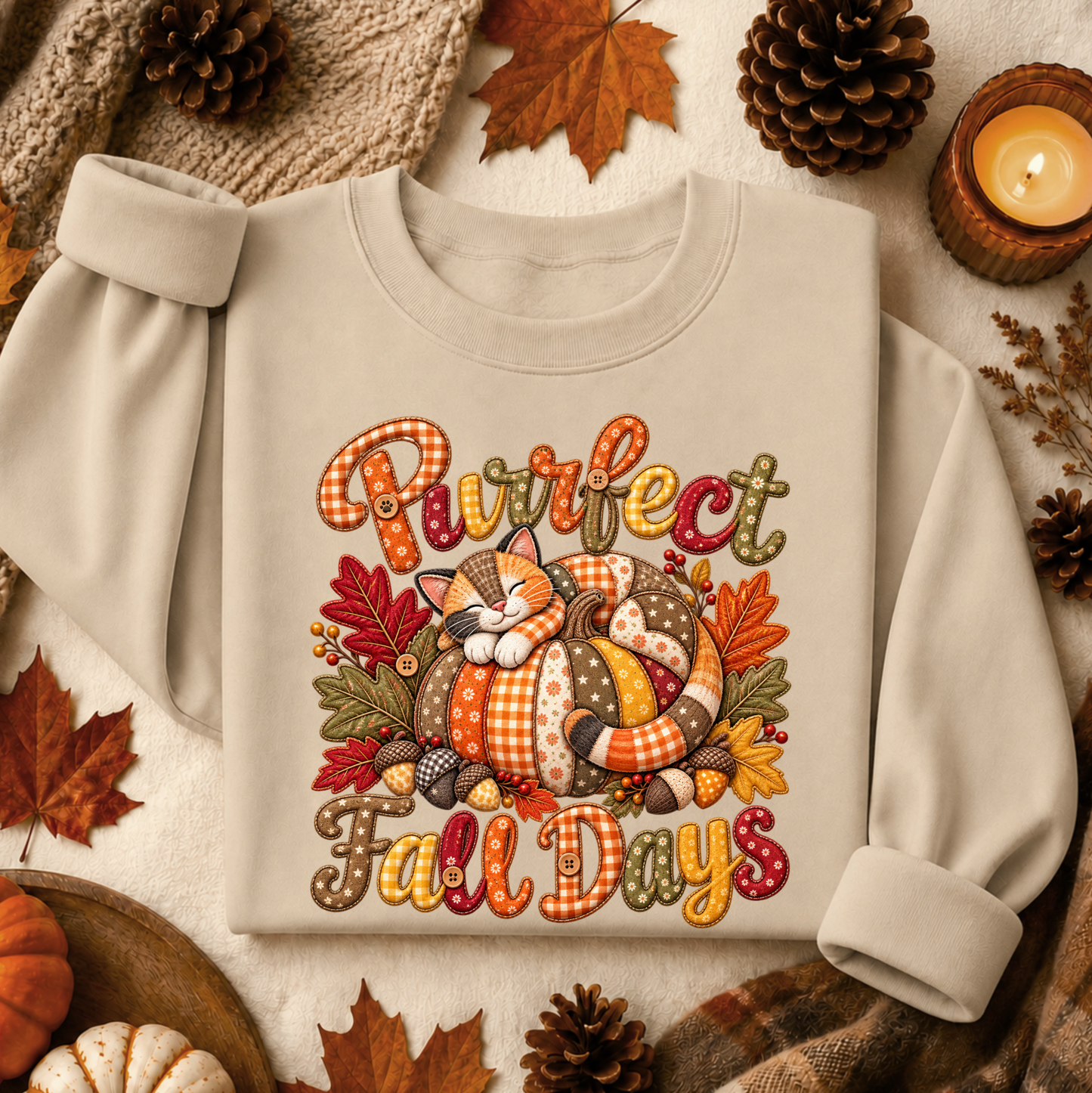 A cream-colored long-sleeve sweatshirt laid flat with rolled cuffs, featuring a colorful graphic of a sleeping orange cat curled up in a pumpkin surrounded by autumn leaves and acorns, with the text 'Purrfect Fall Days' in a decorative patterned font. The sweatshirt is styled in a cozy flat-lay arrangement with pinecones, fall leaves, a candle, and pumpkins.