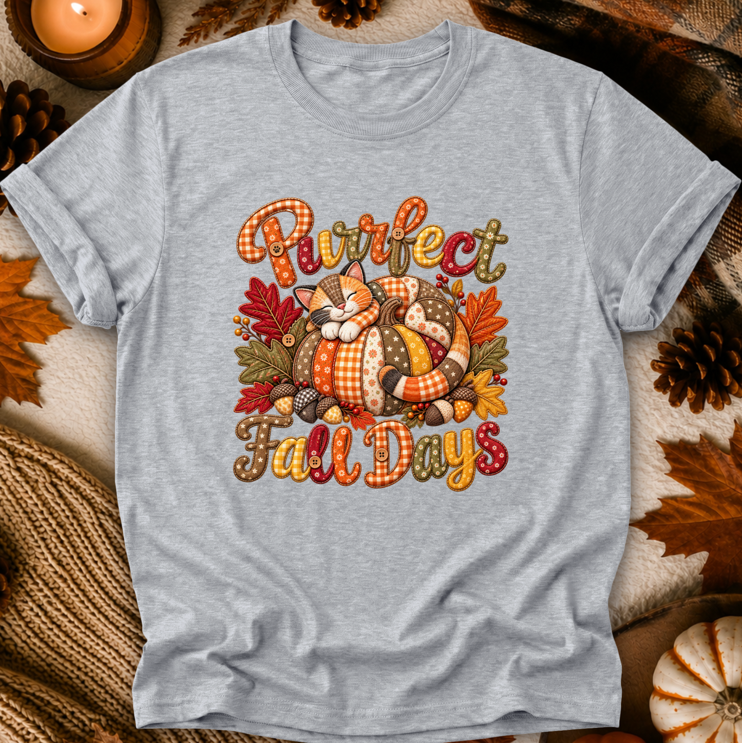 A heather gray short-sleeve t-shirt with a cozy autumn graphic reading 'Purrfect Fall Days' around an illustrated sleeping cat in a pumpkin body, surrounded by fall leaves and pinecones, shown in a styled flat-lay setting.