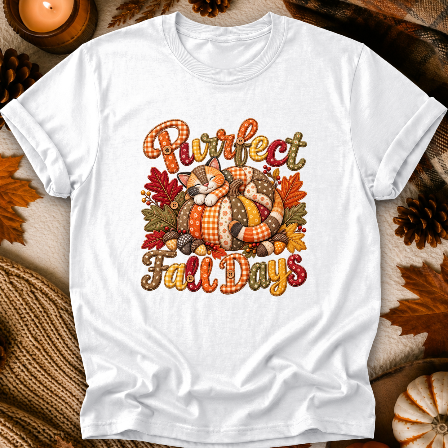 A white short-sleeve crewneck t-shirt with a colorful graphic print reading 'Purrfect Fall Days' around a sleeping cat curled up in a pumpkin. The shirt is displayed in a flat-lay arrangement with autumn props including pinecones, a candle, and leaves.