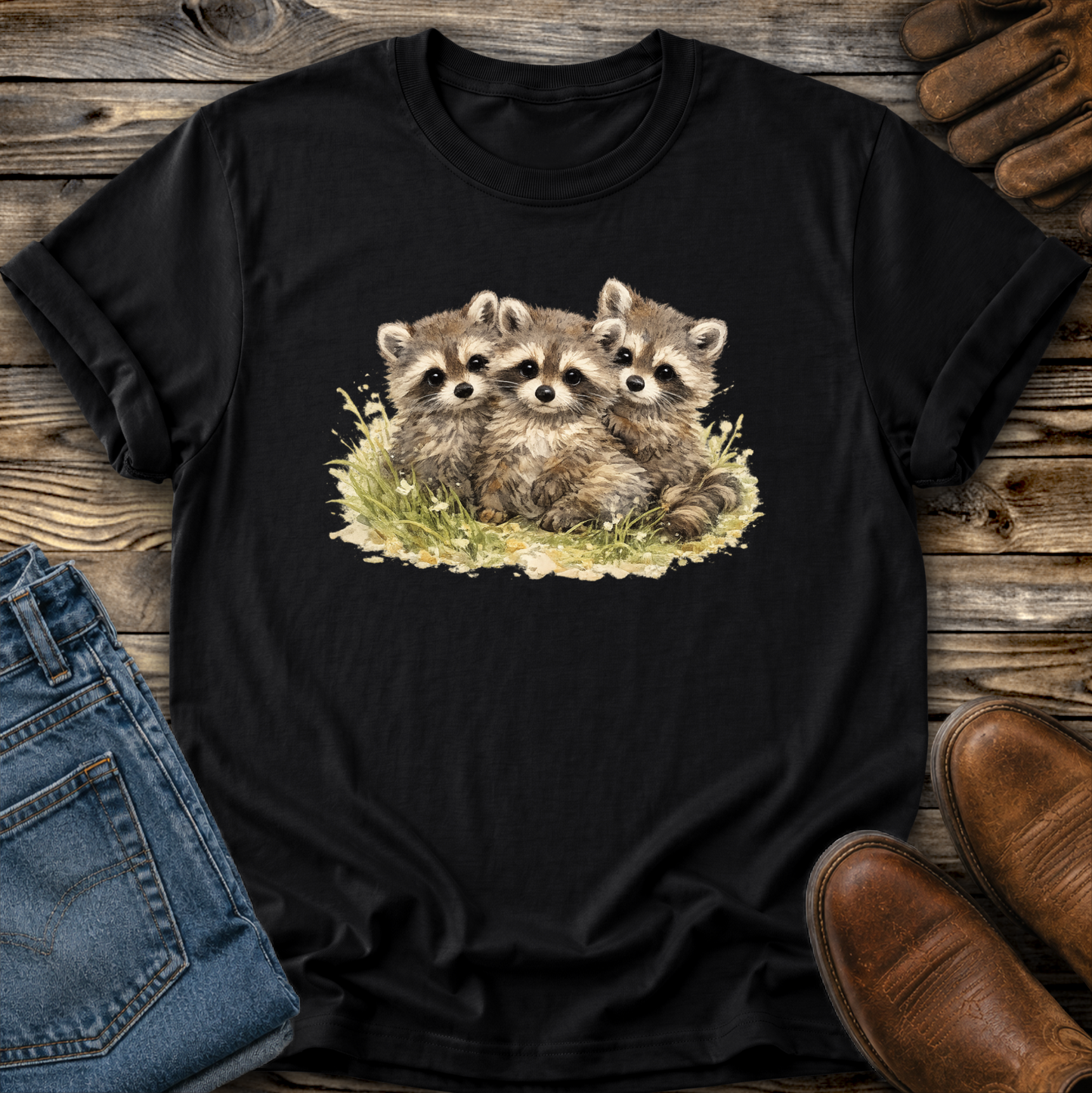 black tshirt with a watercolor style graphic of baby raccoons