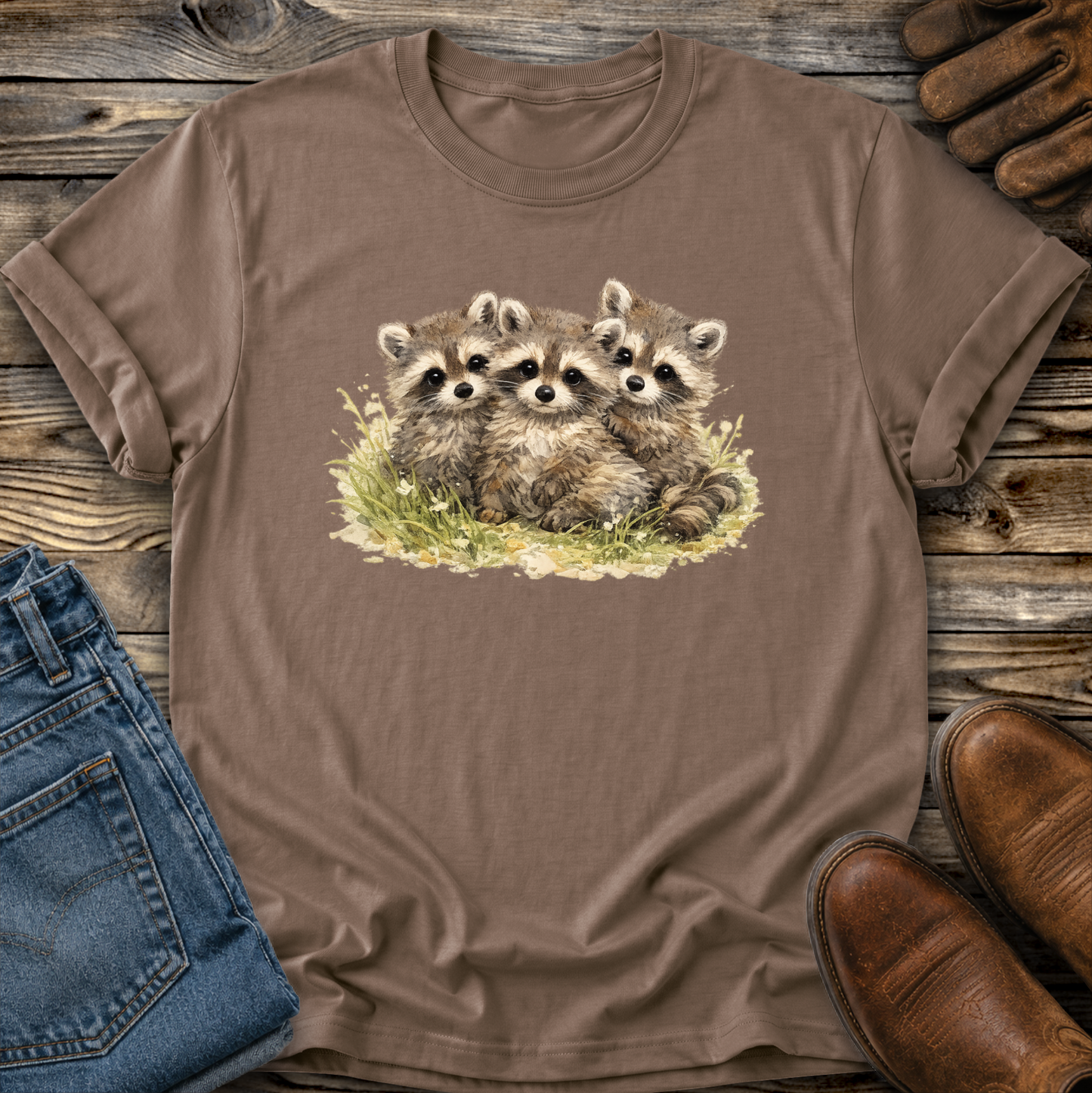 brown tshirt with a watercolor style graphic of baby raccoons