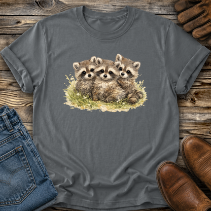 gray tshirt with a watercolor style graphic of baby raccoons