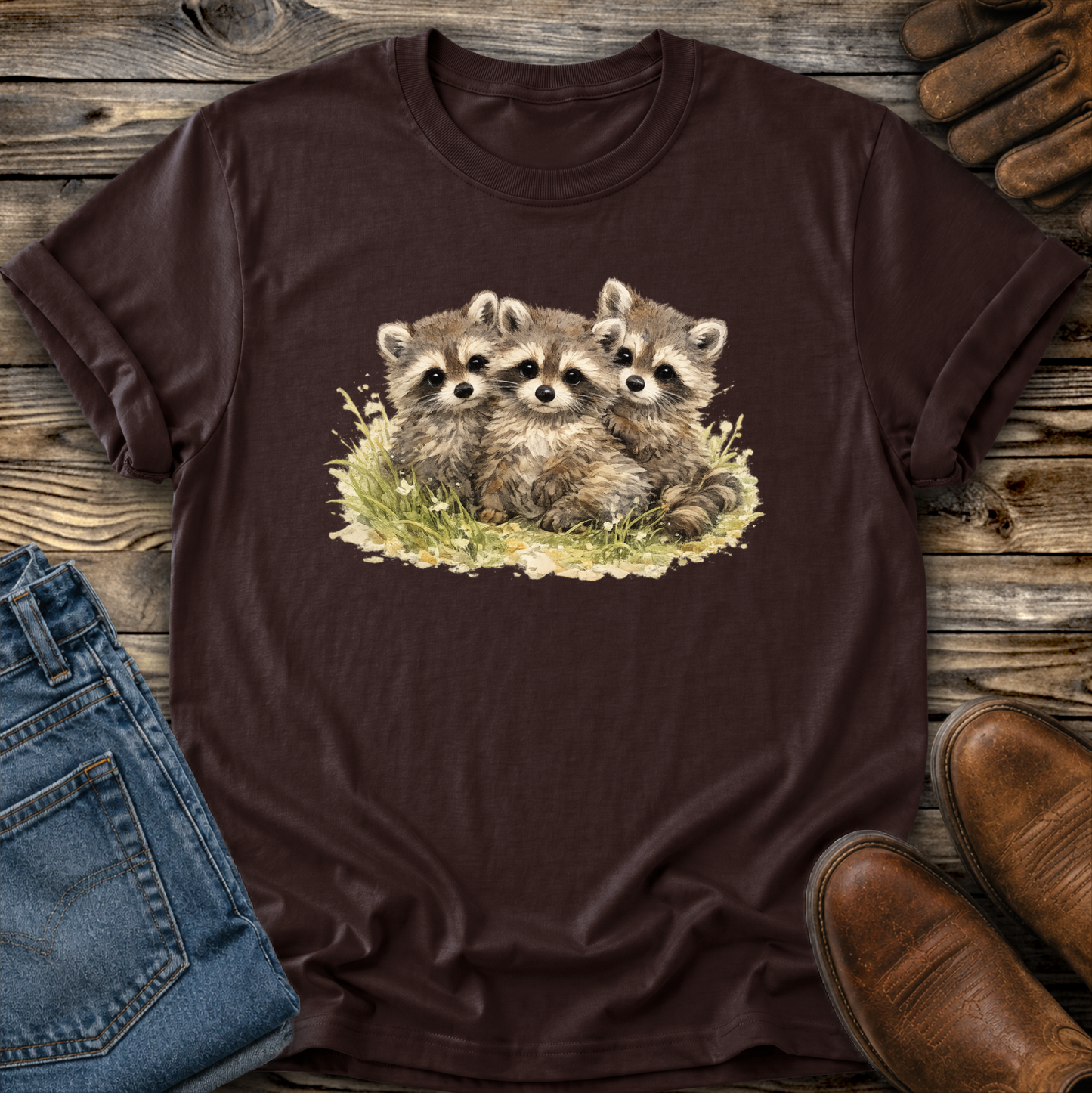 brown tshirt with a watercolor style graphic of baby raccoons