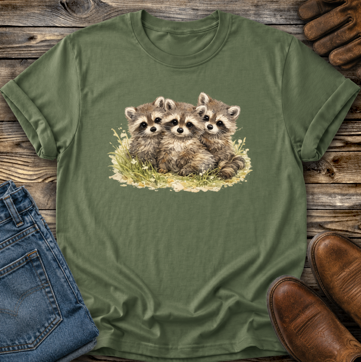 green tshirt with a watercolor style graphic of baby raccoons