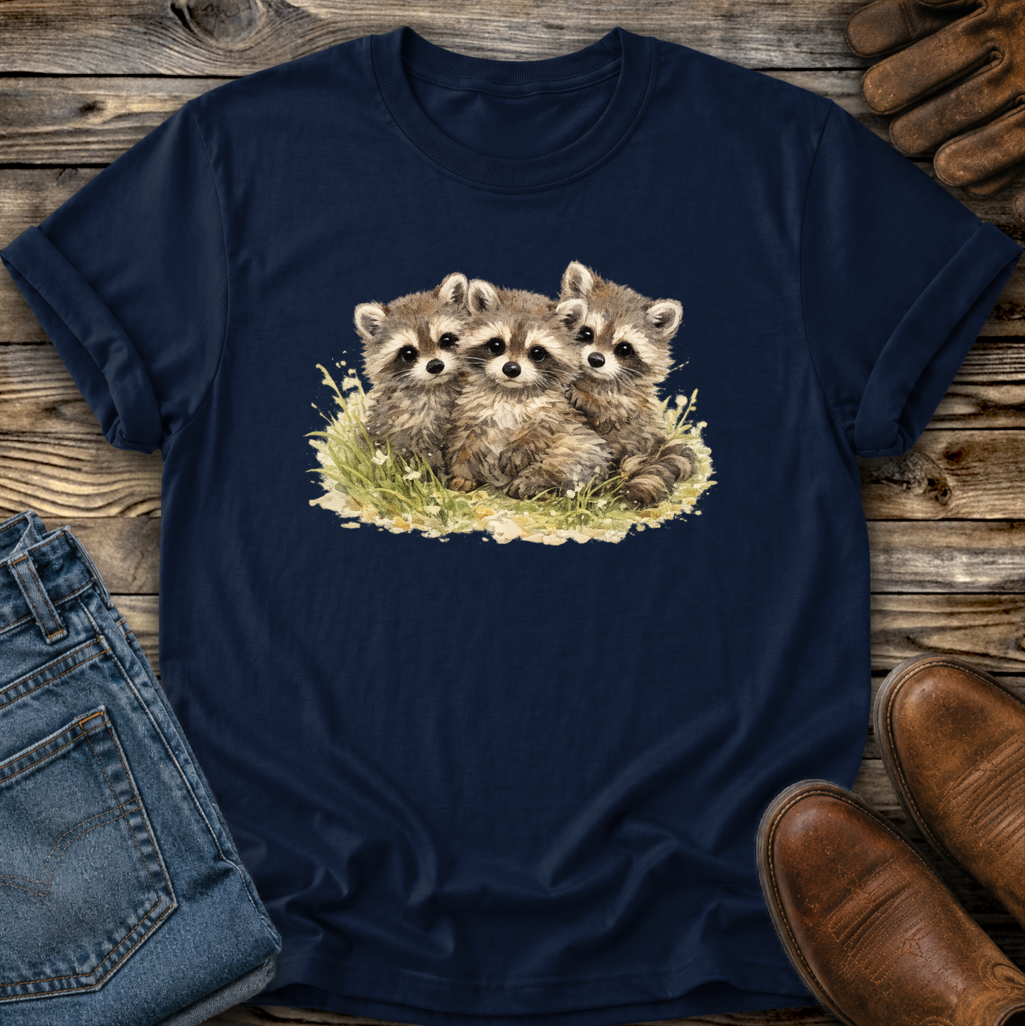 navy tshirt with a watercolor style graphic of baby raccoons