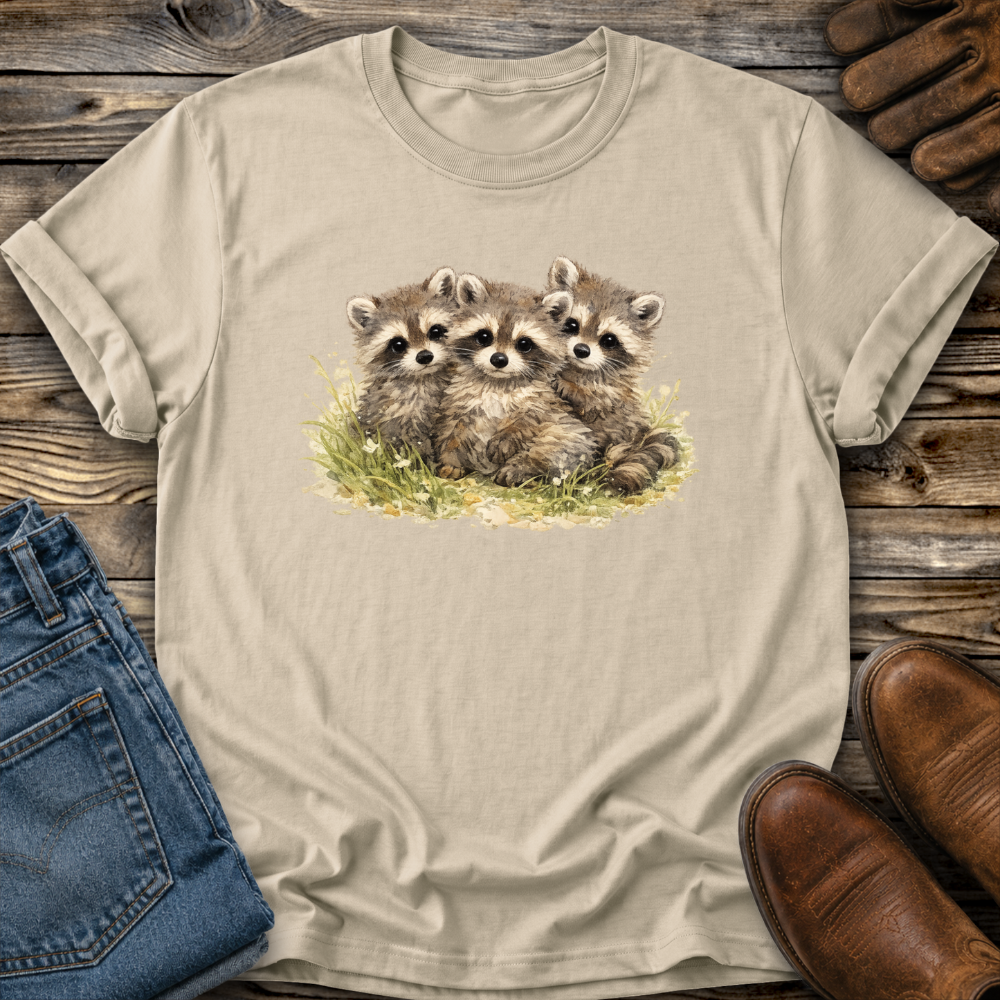 beige tshirt with a watercolor style graphic of baby raccoons