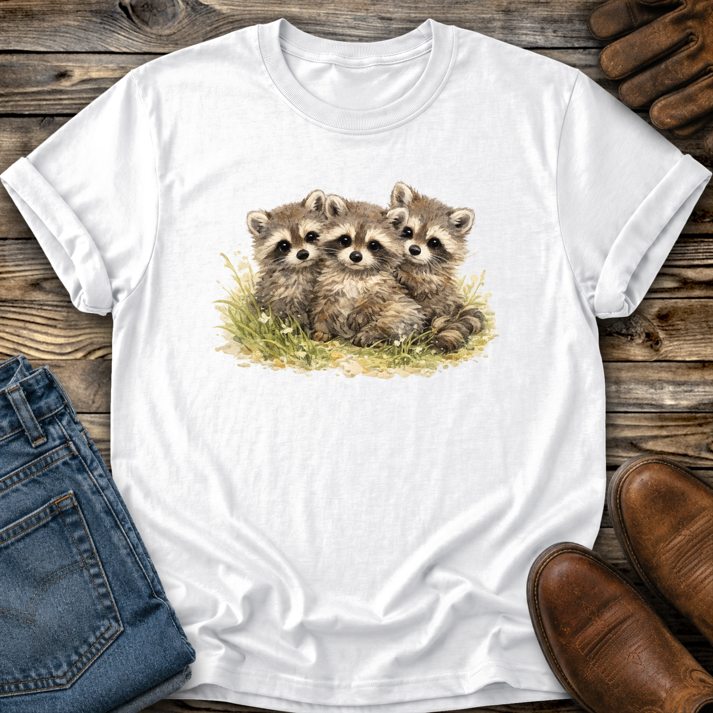white tshirt with a watercolor style graphic of baby raccoons
