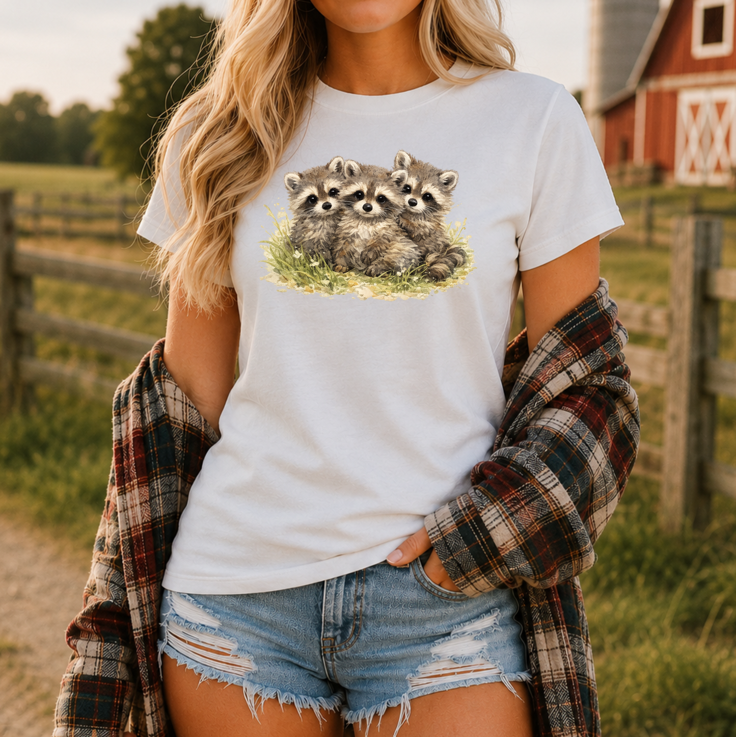 woman wearing a white tshirt with a watercolor style graphic of baby raccoons