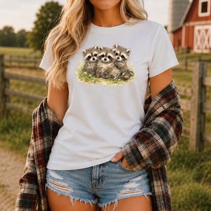 woman wearing a white tshirt with a watercolor style graphic of baby raccoons