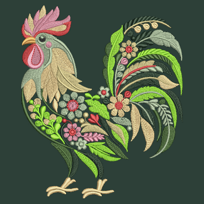 A stylized embroidered rooster design with layered feathers and floral motifs in green, beige, pink, red, and gold on a dark green background.