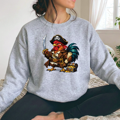 woman wearing a gray sweatshirt with a pirate chicken funny graphic design