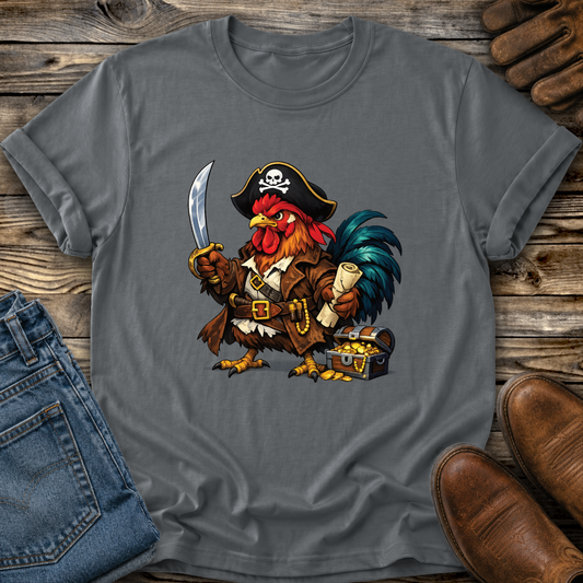 gray tshirt with a pirate chicken funny graphic design