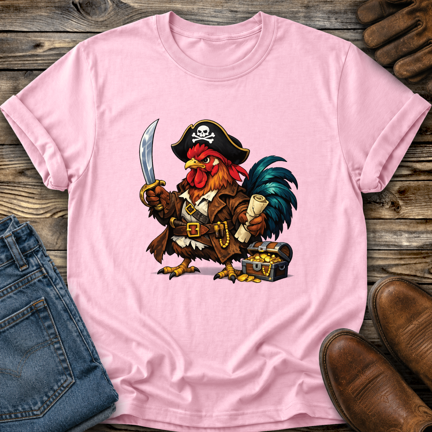 light pink tshirt with a pirate chicken funny graphic design