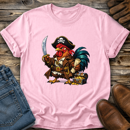 light pink tshirt with a pirate chicken funny graphic design