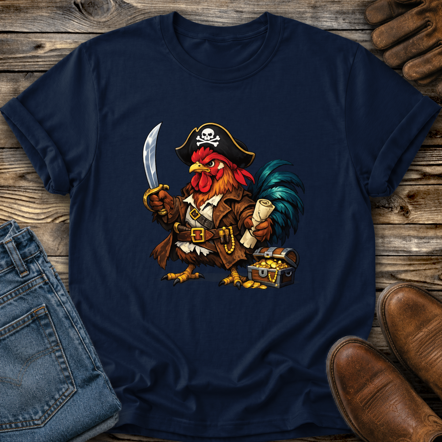 navy tshirt with a pirate chicken funny graphic design