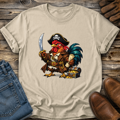 beige tshirt with a pirate chicken funny graphic design