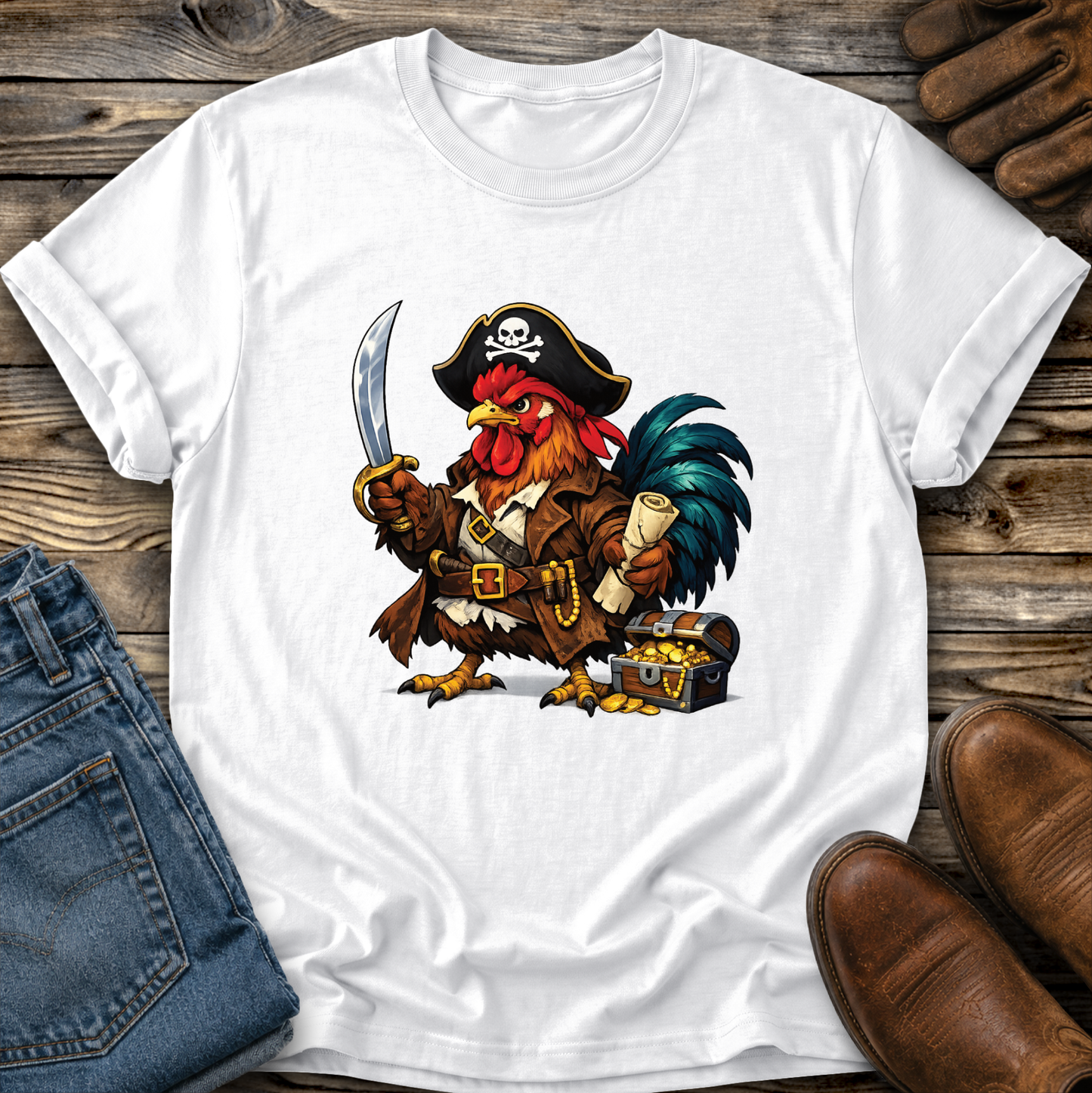 white tshirt with a pirate chicken funny graphic design