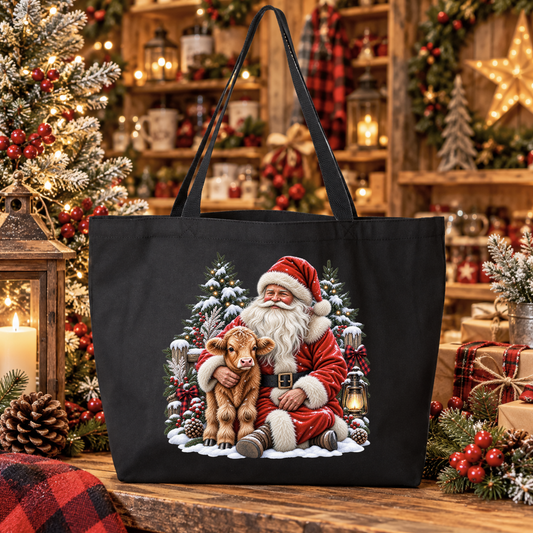 A black canvas tote bag with a large printed graphic of Santa Claus sitting with a scottish highland calf in a snowy Christmas setting, displayed on a rustic wooden table with a warm, decorated holiday background.