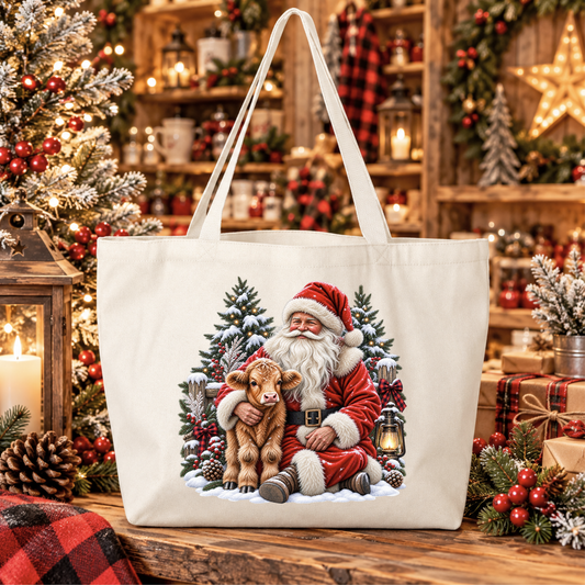 A large off-white canvas tote bag with a detailed Christmas print of Santa Claus hugging a small brown scottish highland calf, displayed on a rustic wooden table surrounded by a beautifully decorated Christmas tree, candles, and holiday ornaments.