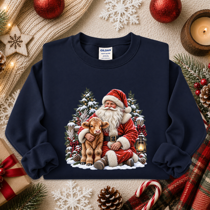 A navy blue crewneck sweatshirt with a large graphic of Santa Claus hugging a brown calf in a snowy winter scene. The sweatshirt is displayed in a cozy holiday flat-lay setting with a knitted scarf, red ornaments, pinecones, and candy canes.