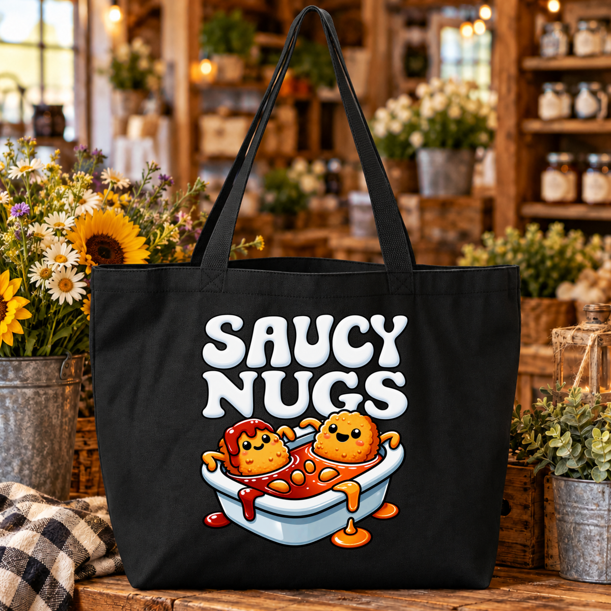black canvas tote bag with a graphic of cartoon chicken nuggets in a bathtub full of sauce that says Saucy Nugs above them