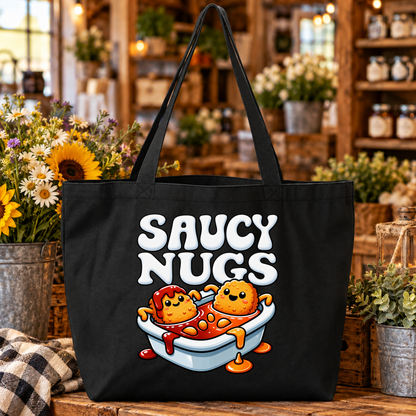 black canvas tote bag with a graphic of cartoon chicken nuggets in a bathtub full of sauce that says Saucy Nugs above them
