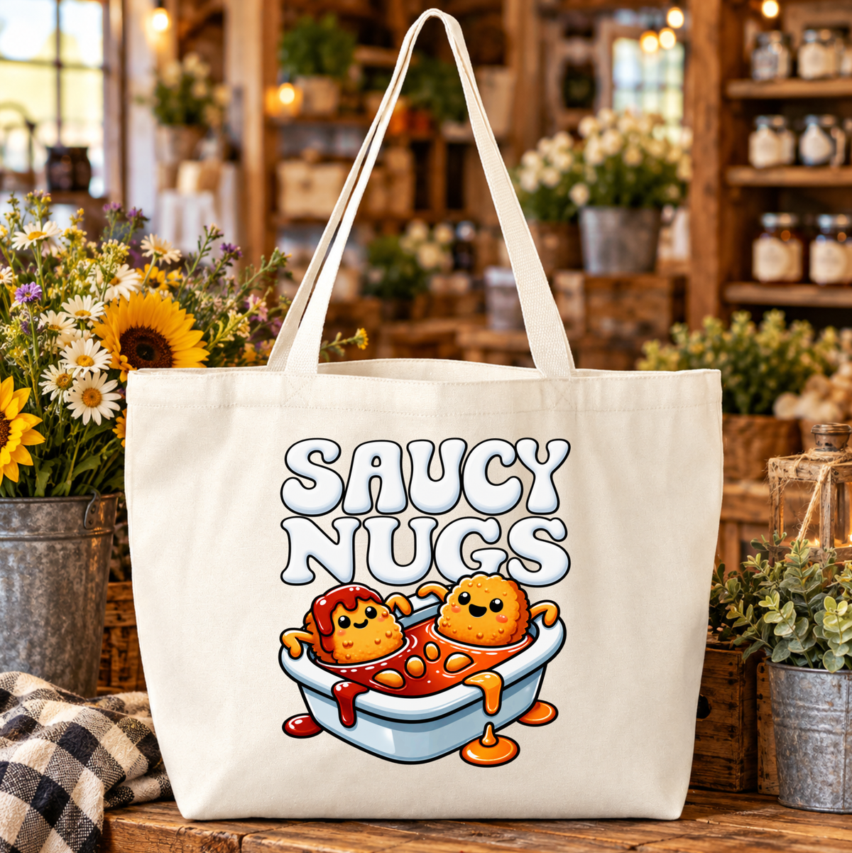 beige canvas tote bag with a graphic of cartoon chicken nuggets in a bathtub full of sauce that says Saucy Nugs above them