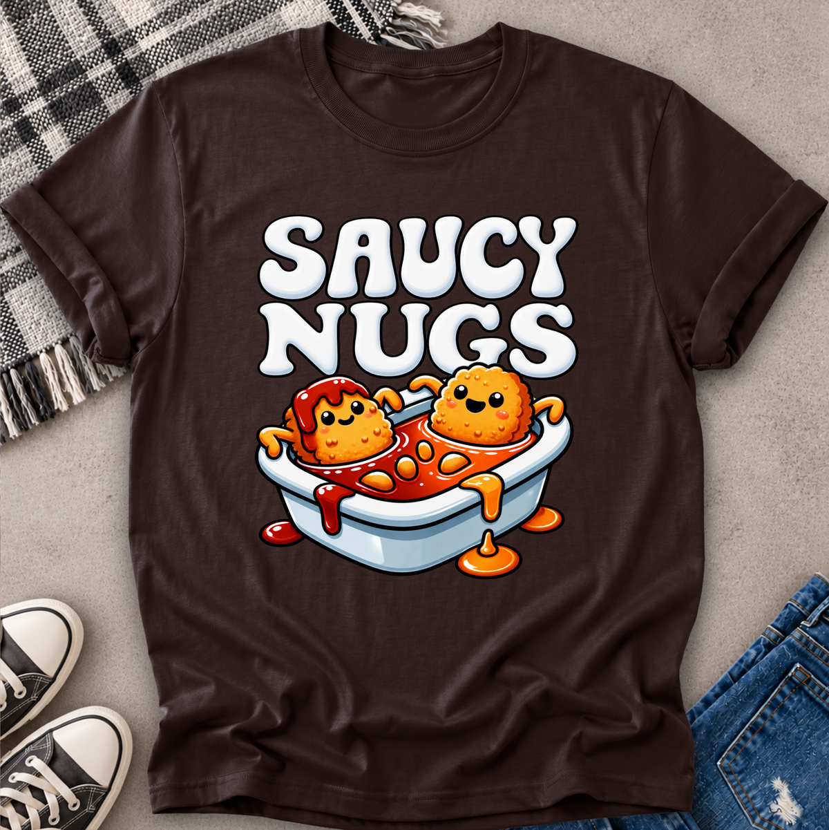 A dark brown graphic t-shirt laid flat on a gray textured surface with a plaid blanket, jeans, and sneakers as styling props. The shirt features a cartoon graphic of two orange nuggets sitting in a white bathtub filled with red sauce, with the text 'SAUCY NUGGTS' in large white letters above.
