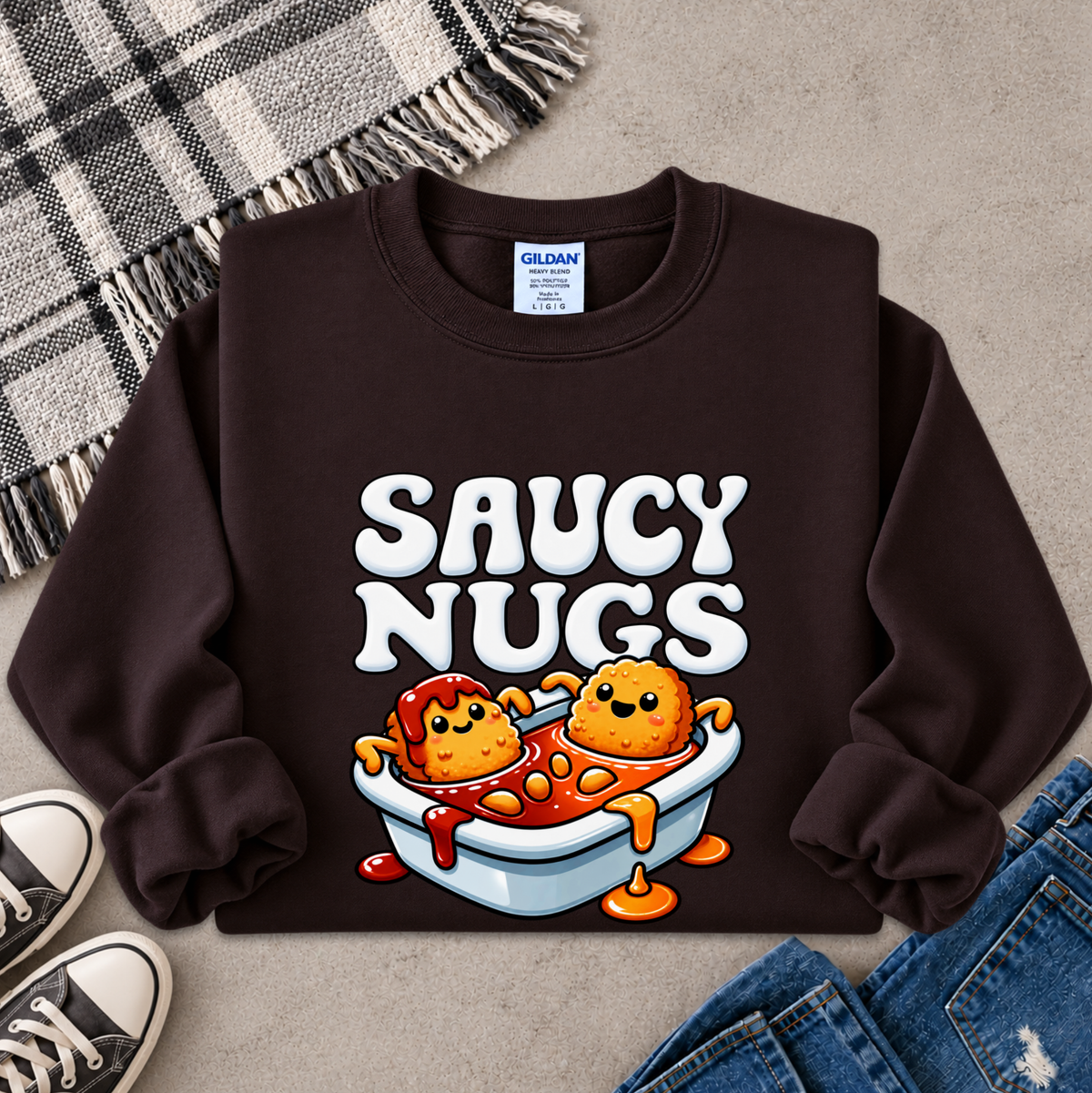 A dark brown crewneck sweatshirt with a cartoon graphic of two cute orange nuggets in a bowl of red sauce, styled in a flat lay with jeans, sneakers, a plaid blanket, and a gray textured floor. The brand Gildan is visible on the inner neck label.