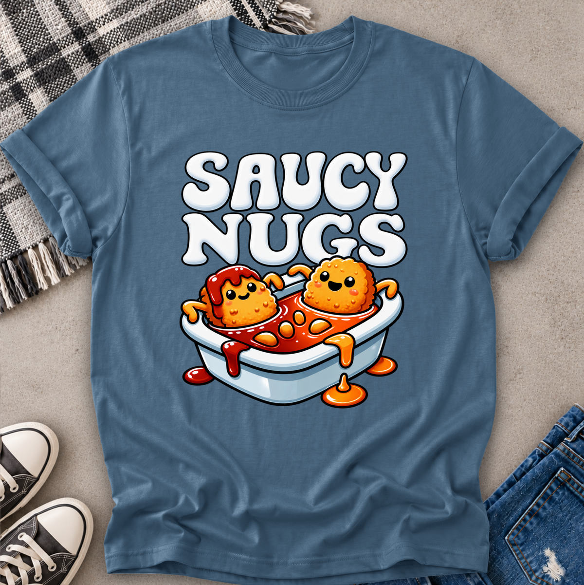 A blue graphic t-shirt laid flat on a textured surface, featuring a cartoon illustration of two nuggets in a bathtub with the text 'SAUCY NUGS'. The shirt is styled with a plaid blanket, black sneakers, and blue jeans.