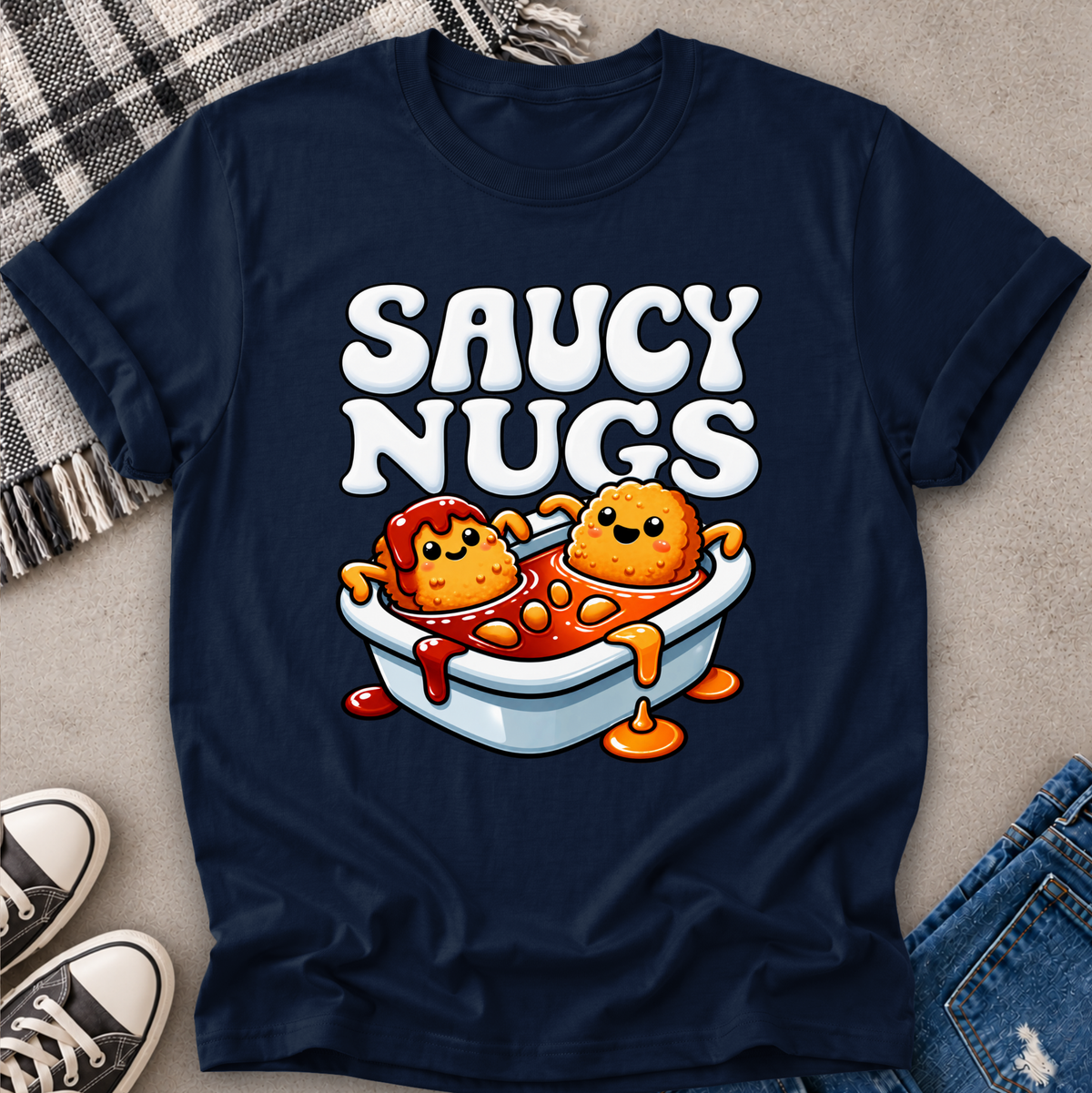 A navy blue graphic t-shirt laid flat on a neutral surface, featuring a cartoon design of two nuggets in a bathtub filled with sauce, with the text 'SAUCY NUGS' above. Styled flat-lay props include a plaid blanket, jeans, and sneakers.